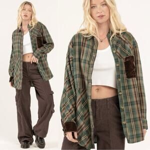 BDG Jeans Urban Outfitters Cotton Plaid Shirt Mushroom Embroidery Velvet Trim S